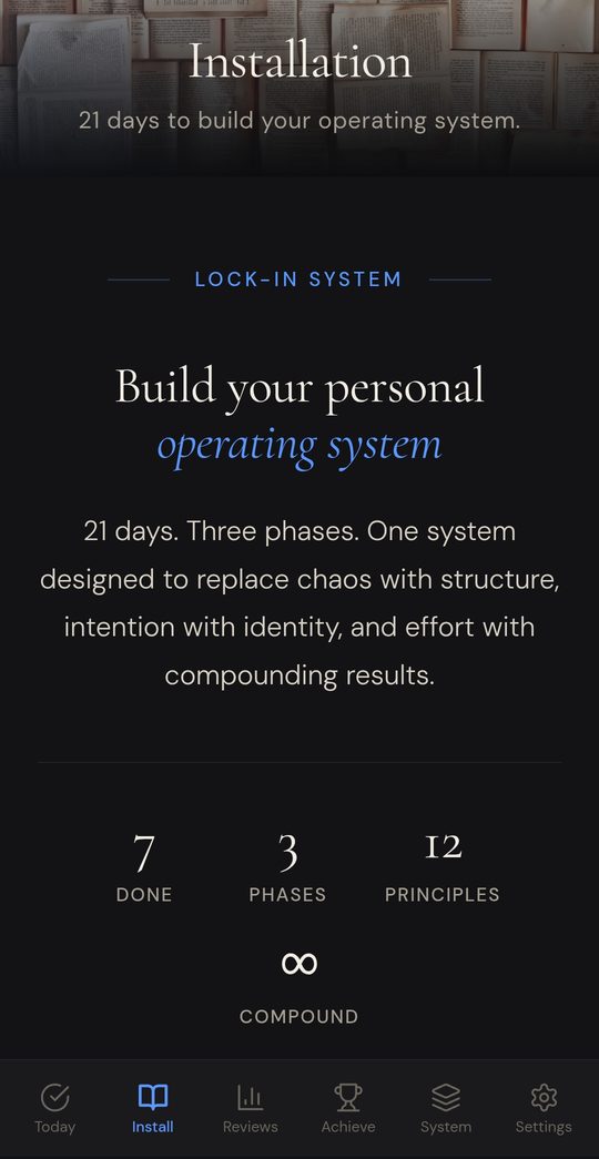 Installation tab showing 21-day program structure