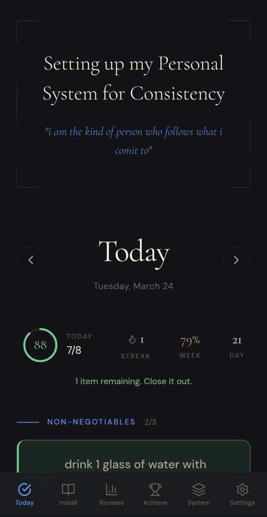 Today tab showing direction, non-negotiables and habits